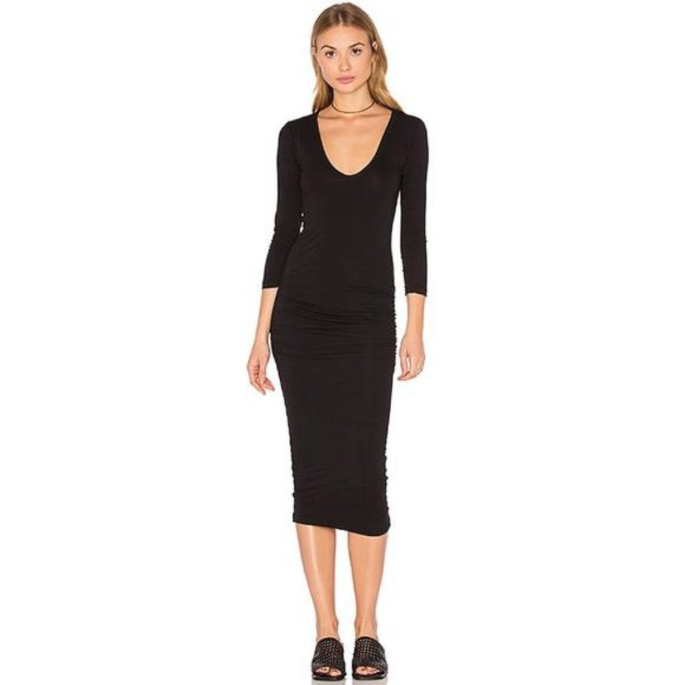 NWT James Perse Long Sleeve Ruched Midi Dress in Black Size 2 (fits 4 to 6)